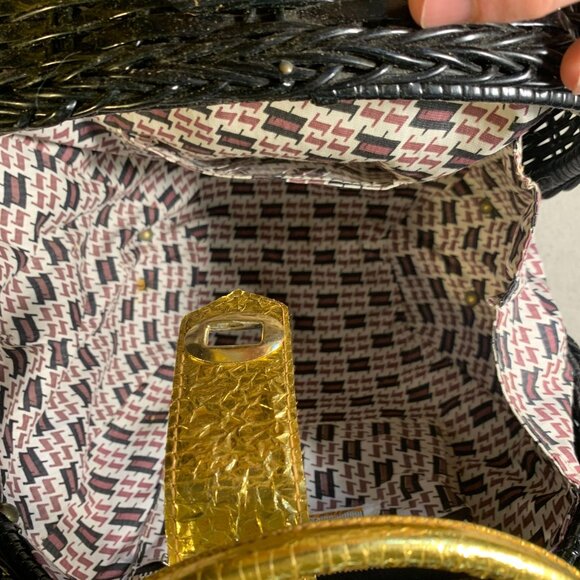 Vintage British Hong Kong Woven Wicker Basket Purse Handbag Black Gold - Picture 8 of 11